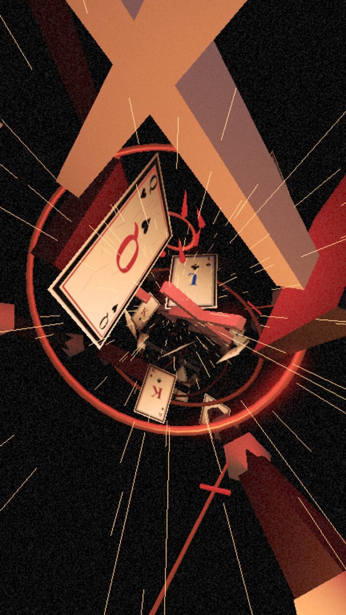 Quadro da primeira versão descartada: cartas caindo por uma torre vermelha
