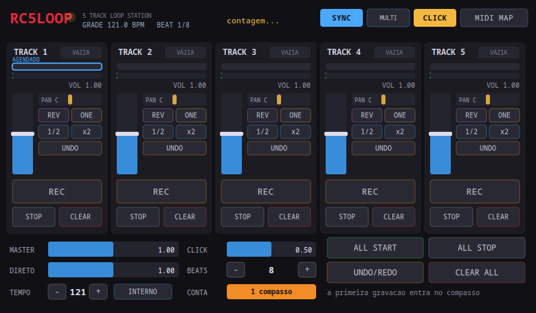 Interface do RC5LOOP com as cinco trilhas, controles de transporte e metrônomo